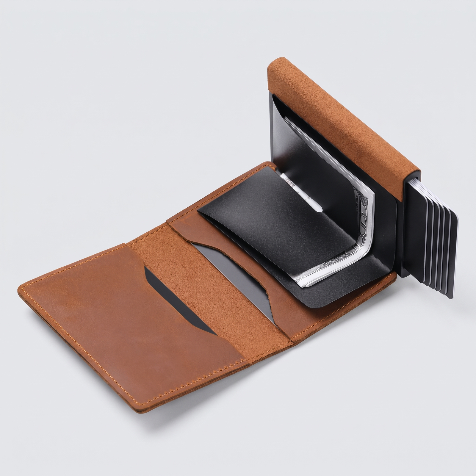 AirTag Slide Wallet open, showing the leather inside and card box
