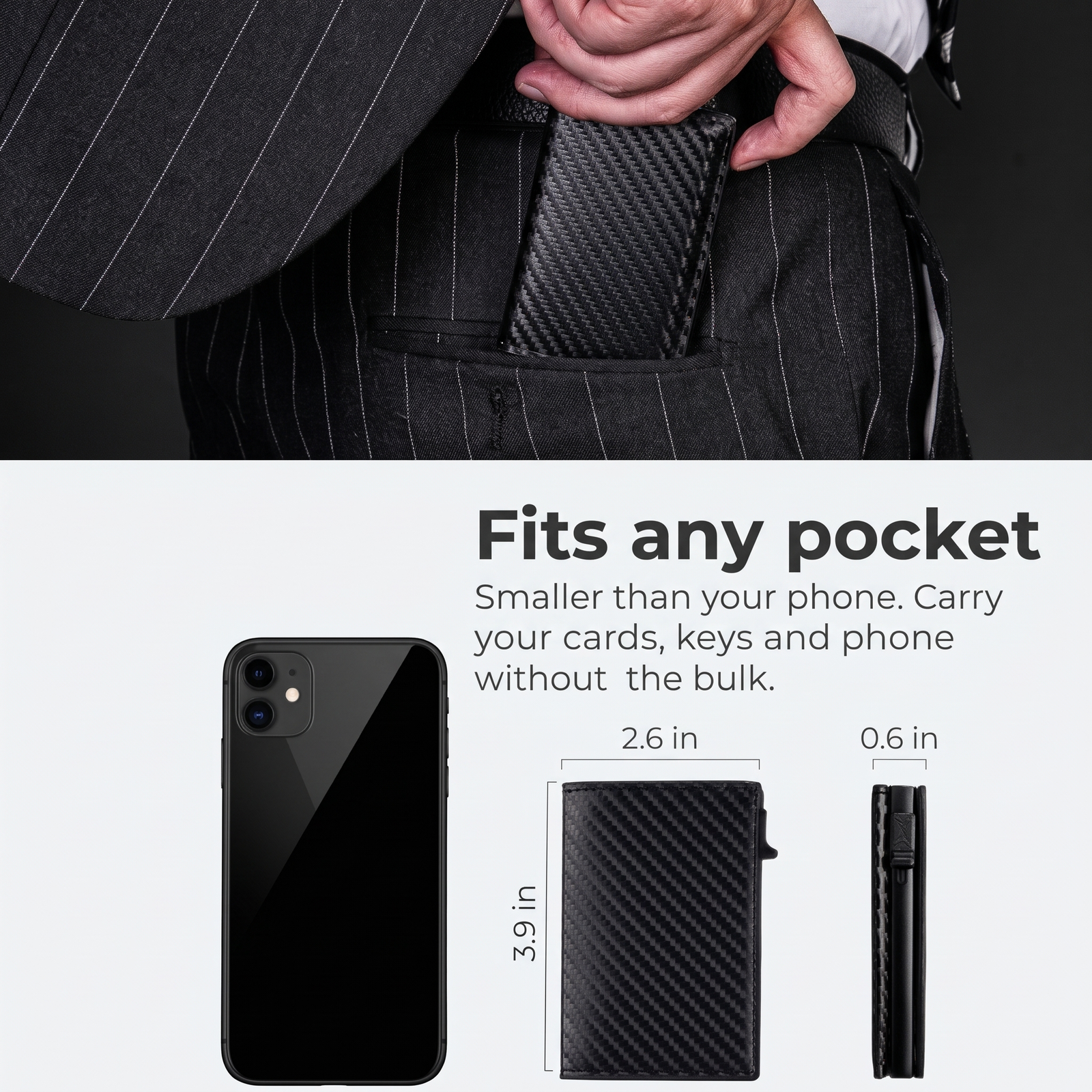AirTag Slide Wallet fits any pocket, size compared with a phone
