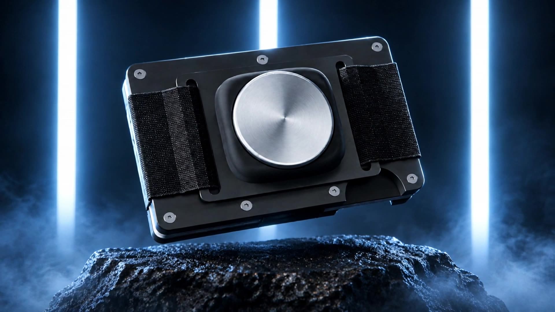 The Sekage Slim Wallet floating over a dark stone in a studio lit by blue light