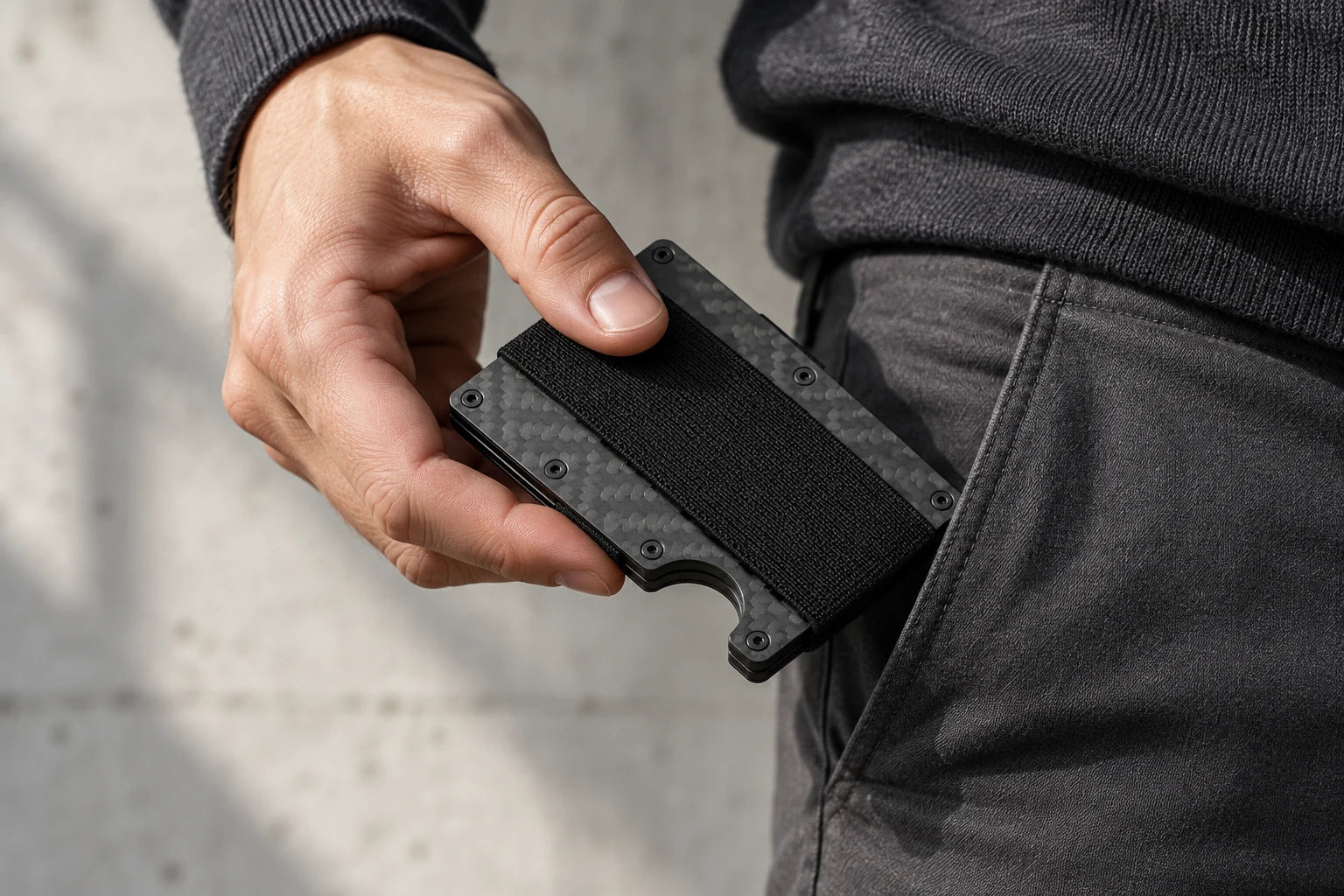 A hand holding the Sekage Slim Wallet beside a trouser pocket